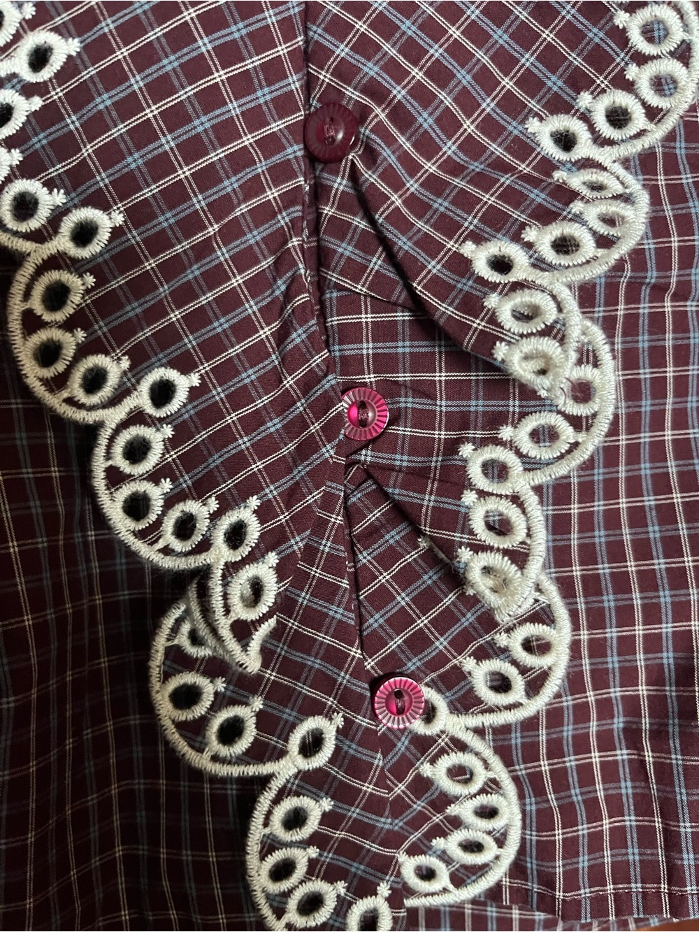 Caroline Constas Burgundy Brown Gingham Plaid Embroidered Shirt Blouse Sleeves - Picture 4 of 5